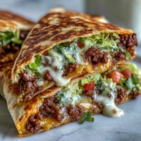 Golden-brown Keto Crunchwraps stuffed with seasoned beef, melty cheddar cheese sauce, fresh lettuce, and tomato on a plate.