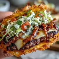 Crispy mini smash burger tacos loaded with juicy beef, melty cheese, and fresh toppings for a fun party bite.