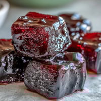 Chewy black currant and licorice candy arranged on a rustic wooden board, dusted with powdered sugar.  