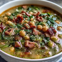 A steaming bowl of ham and chickpea soup with lemon and dill, garnished with fresh herbs and lemon zest.  