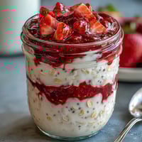 Creamy overnight oats with vibrant strawberry chia jam, a healthy and delicious make-ahead breakfast option.