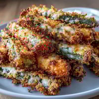 Crispy air fryer green bean fries coated in Parmesan breadcrumbs, served with a creamy ranch yogurt dip for a healthy snack.  