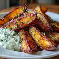 Crispy air-fried potato wedges with golden edges, served with a creamy spring onion dip for dipping.  