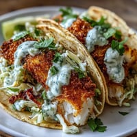 Crispy air fryer fish tacos with tangy cabbage slaw, served on warm tortillas with creamy lime sauce for a fresh, light meal.  