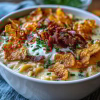 Creamy funeral potatoes loaded baked potato soup with crispy potato chip crumbles and melted cheddar cheese.