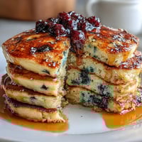 Fluffy sourdough discard pancakes with fresh blueberries and bright lemon zest, perfect for a cozy weekend brunch.