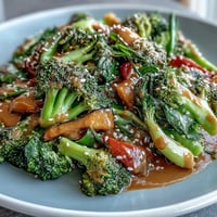 Healthy Easy Veggie Stir-Fry with Peanut Sauce served over jasmine rice, topped with chopped peanuts, green onions, and sesame seeds for a vibrant, protein-rich meal.