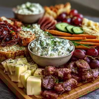 A colorful housewarming charcuterie board with cured meats, cheeses, and fresh produce, served with homemade dips for sharing.