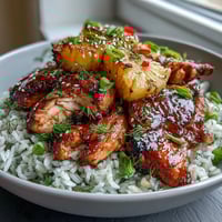 A colorful bowl of teriyaki chicken over jasmine rice, topped with juicy pineapple chunks, crisp bell peppers, and fresh snap peas.