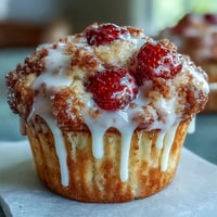 Fluffy strawberry muffins bursting with fresh berries, drizzled with tangy lemon glaze for a sweet breakfast treat.