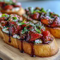 Balsamic Strawberry Bruschetta Toasts with creamy goat cheese and fresh basil on crispy baguette slices.