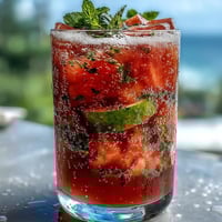 Vibrant watermelon lime sparkling punch with fresh mint and lime slices, served in a clear pitcher over ice for a refreshing spring beverage.