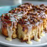 Decadent cinnamon roll pancake casserole with cream cheese glaze, baked golden and drizzled with sweet vanilla icing.