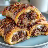 Flaky crescent-wrapped mini sausages served with tangy honey-mustard dip for easy snacking.