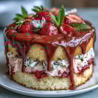 A beautiful Spring Cake with floral white chocolate drip and strawberry frosting, perfect for celebrations.