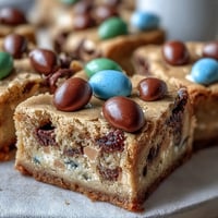 1. Peanut Butter Easter Egg Cookie Bars with colorful candies and chocolate chips, baked golden and chewy.