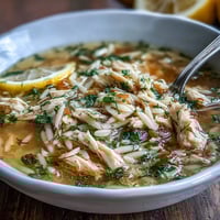 Creamy Greek lemon chicken soup with tender orzo, shredded chicken, and bright citrus notes in a savory broth.
