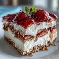 Refreshing Memorial Day No-Bake Icebox Cake piled high with strawberries and cream.