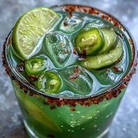 Vibrant pickle margarita mocktail with jalapeño rim, bursting with tangy lime and spice.